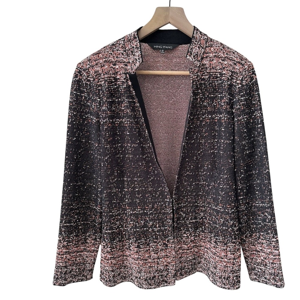 Ming Wang Knit Jacket Size S Black Coral Pink Marled Mandarin Collar Open Front